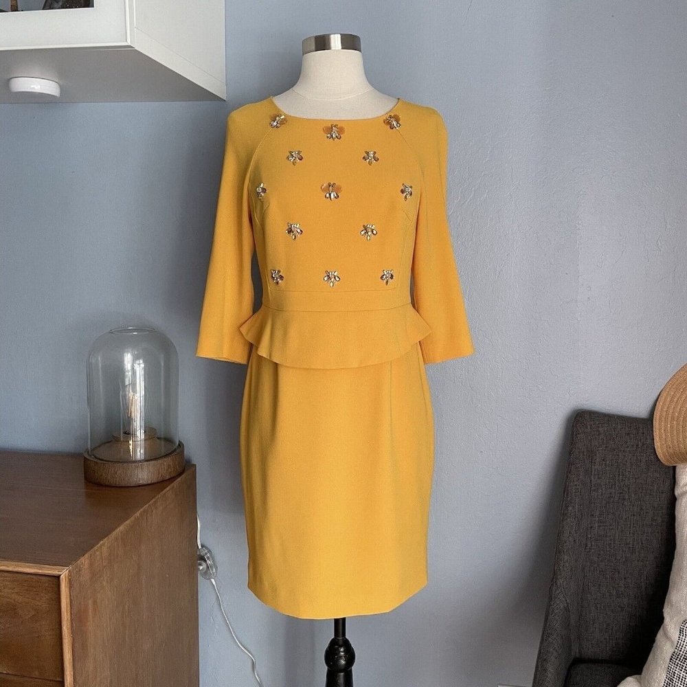 PORTS 1961 Yellow Peplum Sheath Dress Rhinestones